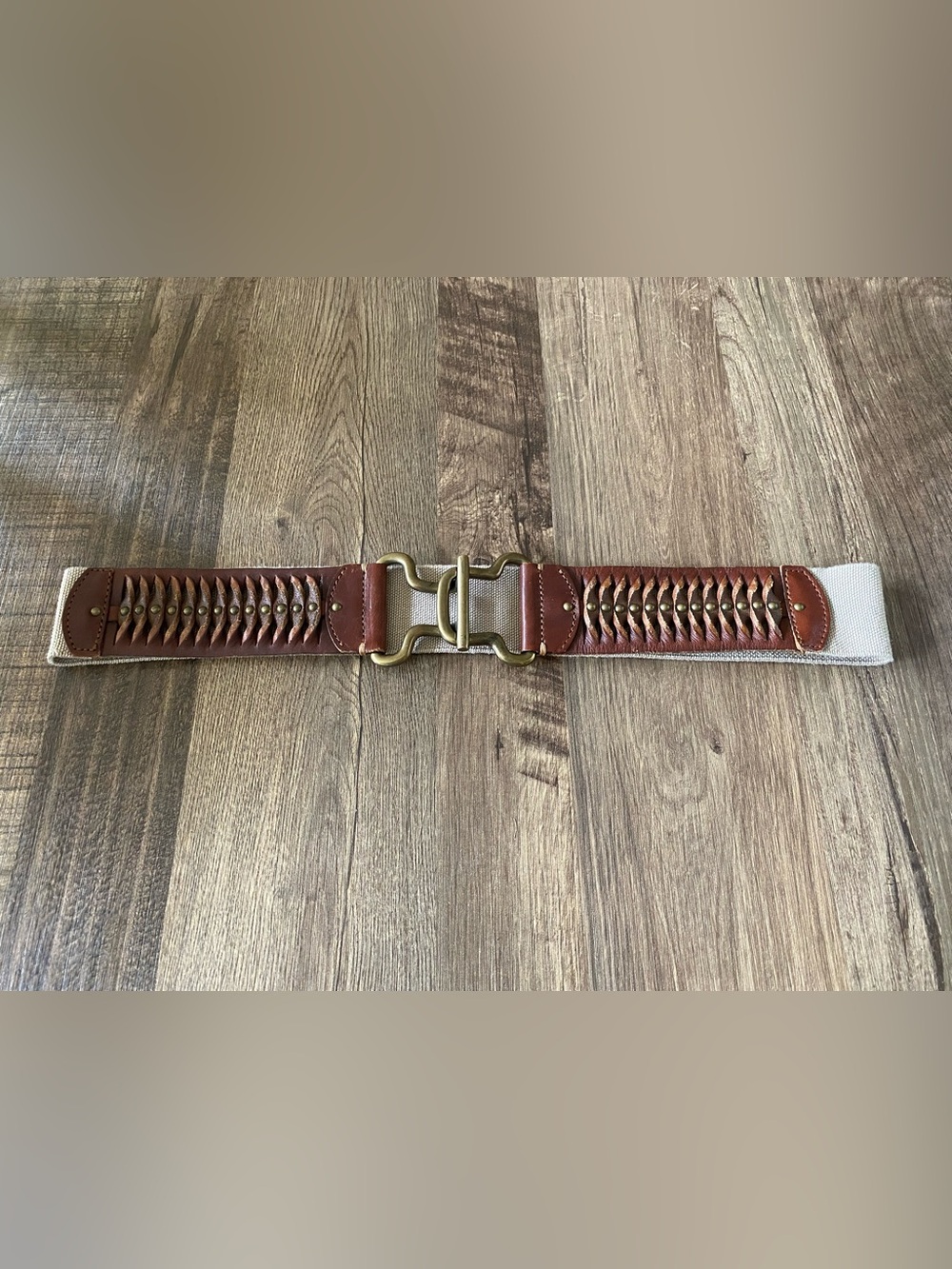 Brown Woven Leather-Trim Women’s Boho Belt with Brass Buckle